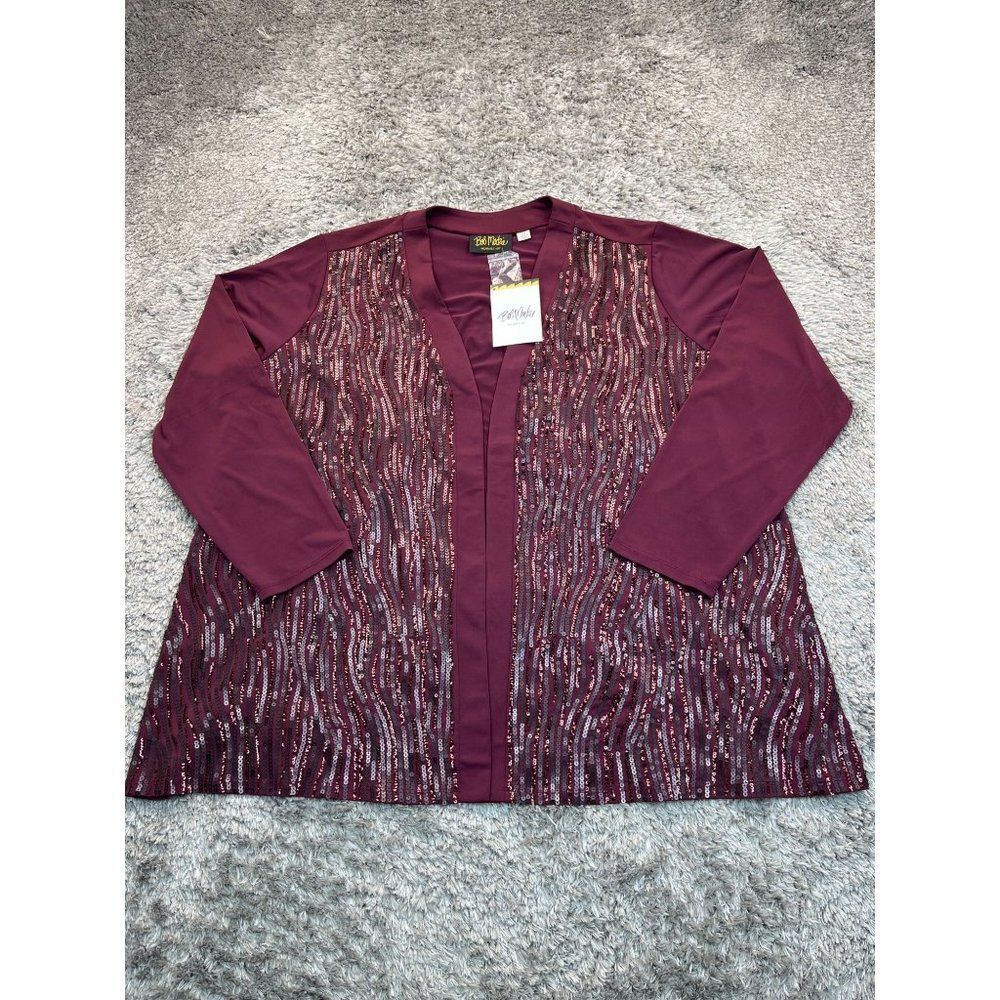 Bob Mackie Jacket Womans 2X Burgundy Open Front Waterfall Sequin Cardigan NWT